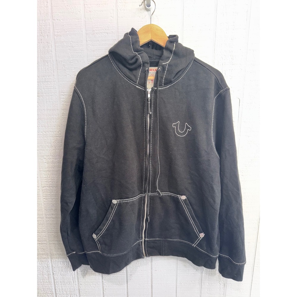 True Religion Zip Hoodie Women Black Contrast Stitch World Tour XL